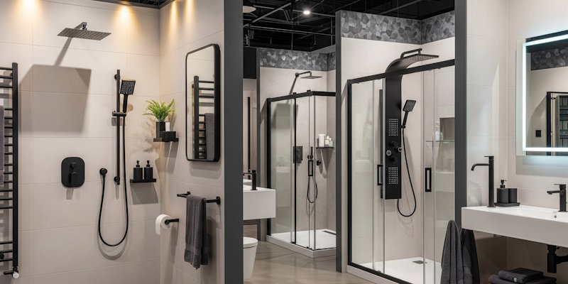 Close-up of matte black shower fittings